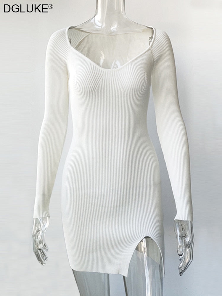 Green Long Sleeve Knitted Dress Elegant Sweetheart Neck Party Autumn Winter Bodycon Sweater Dress The Clothing Company Sydney