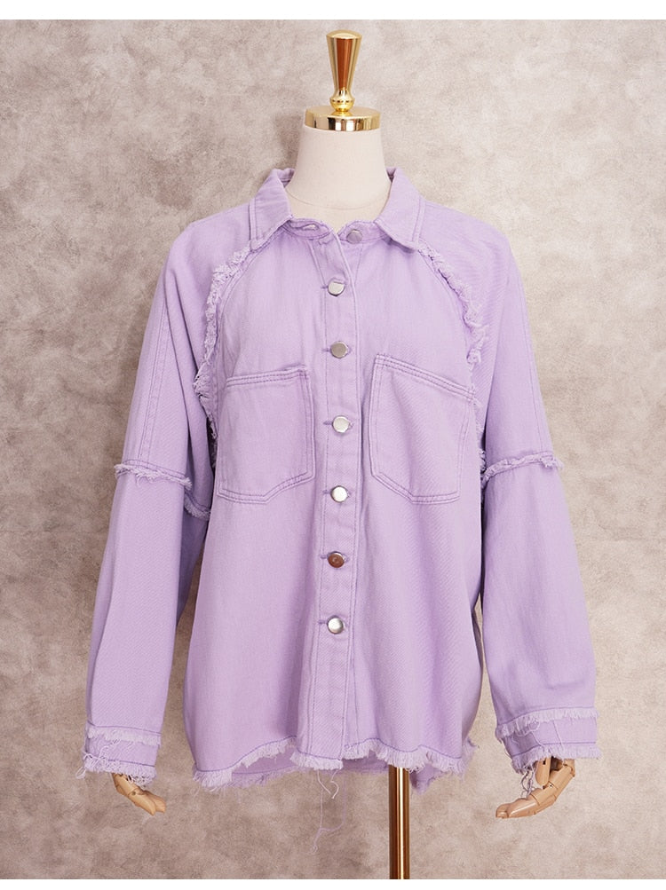 Loose Turn-down Collar Denim Jacket Coat Casual Denim Jacket Long Sleeve Tassel Solid washed Tops The Clothing Company Sydney