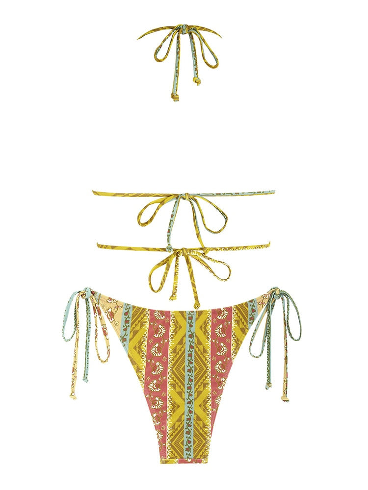 Two Piece Swimwear Ribbed Bohemian Paisley Print String Halter Bikini Set Women Tie Side Swimsuit Colorblock Bathing Suit The Clothing Company Sydney