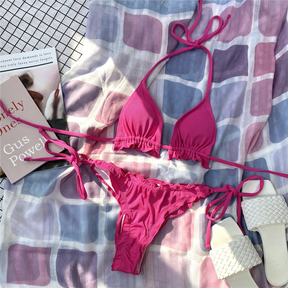 Neon Lime Rib Triangle Tie Side Bikini Swimsuit Women Two Piece Swimwear Bikini Set Summer Beach Bathing Suit The Clothing Company Sydney