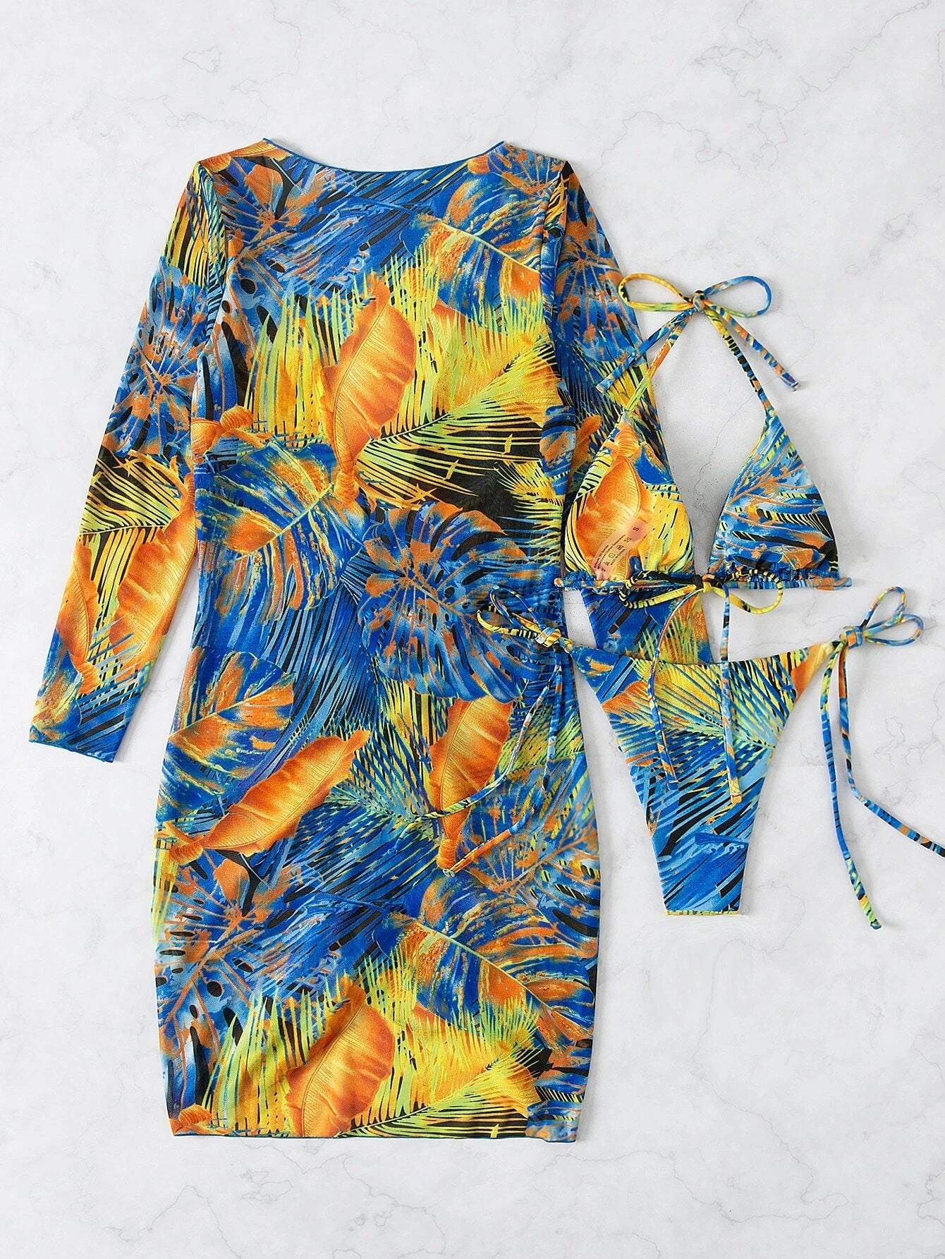 Slit Cuff Plunge Neck Three Piece Bikini Set with Cover Up Plain Swimsuit Women Swimwear Summer Beach Bathing Suit The Clothing Company Sydney