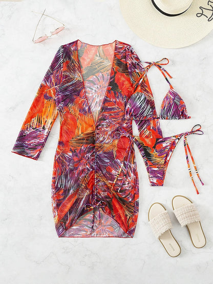 Slit Cuff Plunge Neck Three Piece Bikini Set with Cover Up Plain Swimsuit Women Swimwear Summer Beach Bathing Suit The Clothing Company Sydney