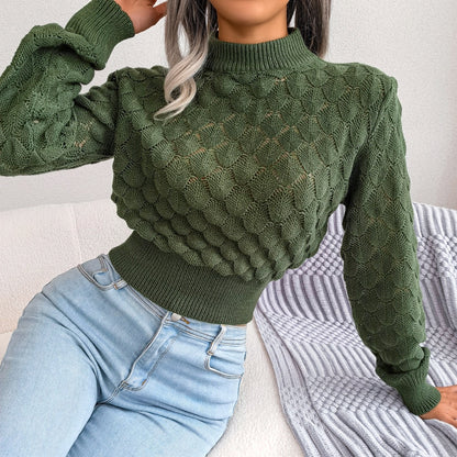 Women's Fashion Fall Winter 3D Diamond Cutout Long Sleeve Solid Color Chic Crop Knit Sweater The Clothing Company Sydney