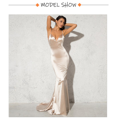 Backless Satin Evening Gown Strappy Deep V Neck Floor Length Prom Padded Stretch Formal Cocktail Wedding Party Dresses The Clothing Company Sydney
