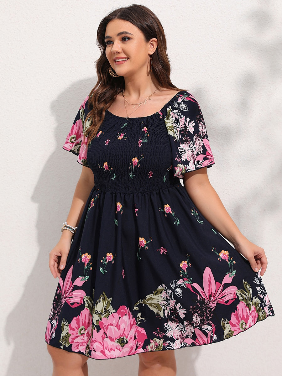 Allover Floral Print Shirred Midi Dress Plus Size Lantern Sleeve High Waist Dresses Summer Dress The Clothing Company Sydney