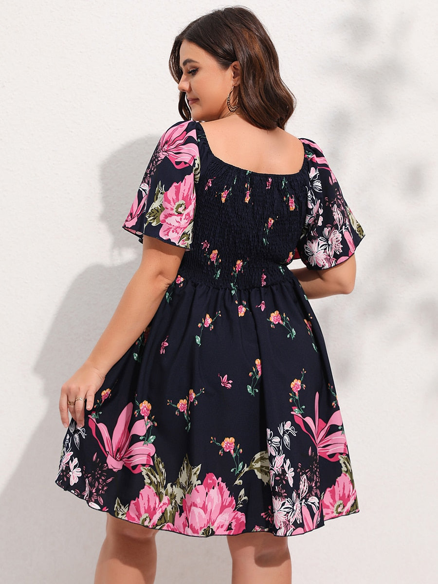 Allover Floral Print Shirred Midi Dress Plus Size Lantern Sleeve High Waist Dresses Summer Dress The Clothing Company Sydney