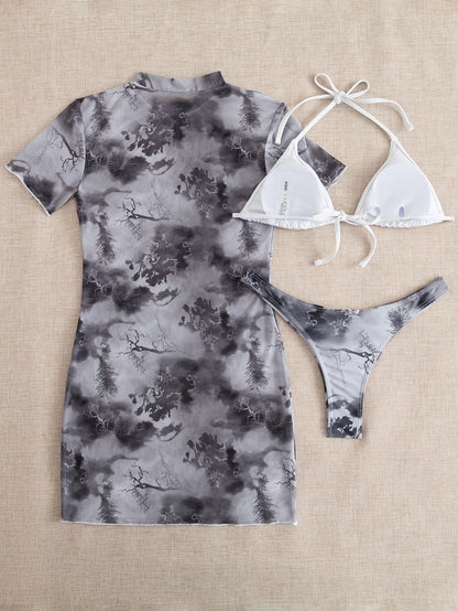 Slit Cuff Plunge Neck Three Piece Bikini Set with Cover Up Plain Swimsuit Women Swimwear Summer Beach Bathing Suit The Clothing Company Sydney