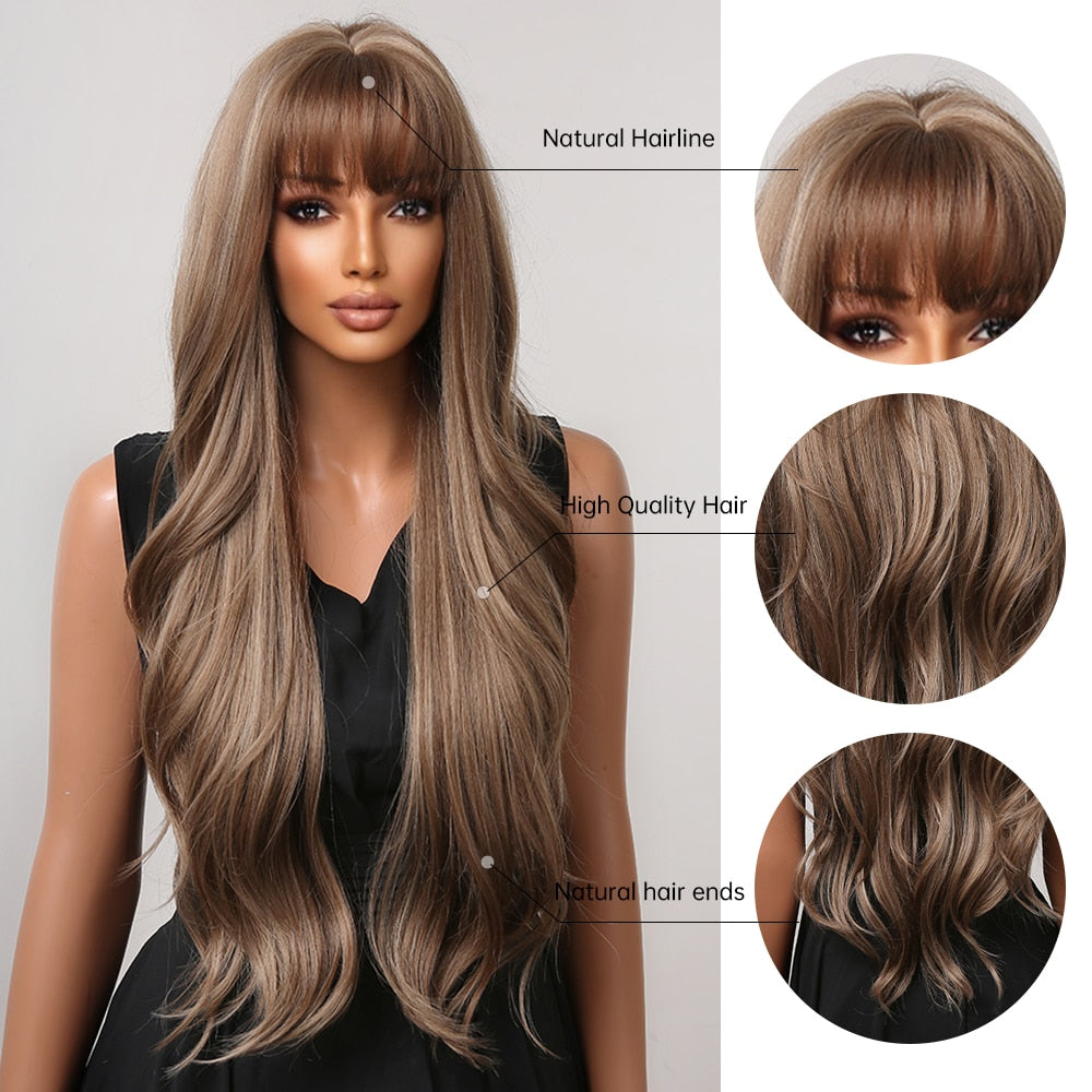 Brown Mixed Blonde Synthetic Wigs with Bang Long Natural Wavy Hair Wig for Women Daily Cosplay Use Heat Resistant Wigs The Clothing Company Sydney