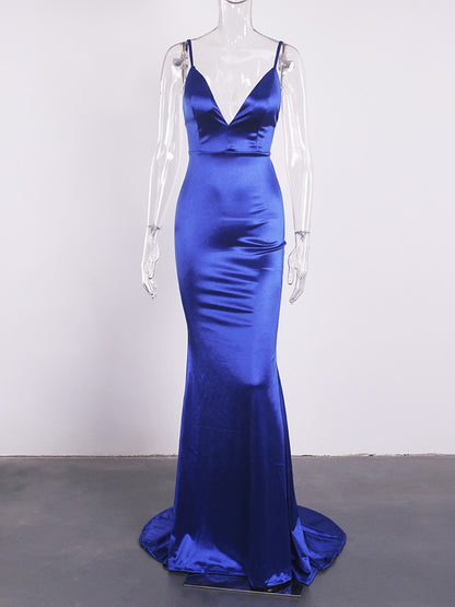 Backless Satin Evening Gown Strappy Deep V Neck Floor Length Prom Padded Stretch Formal Cocktail Wedding Party Dresses The Clothing Company Sydney