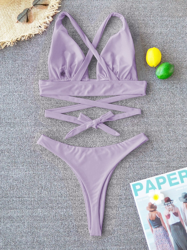 2 Piece Solid Swimsuit Swimwear Push Up Bikini Set Cross Bandage Bathing Suit Beach Wear Swimming Suit The Clothing Company Sydney