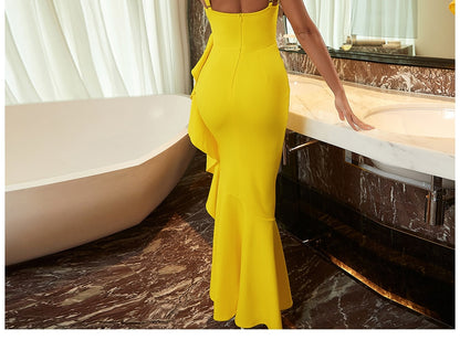 Ruffles Spaghetti Strap Fashion Dress Summer V Neck Yellow Sleeveless Celebrity Evening Club Casual Party Maxi Dress The Clothing Company Sydney