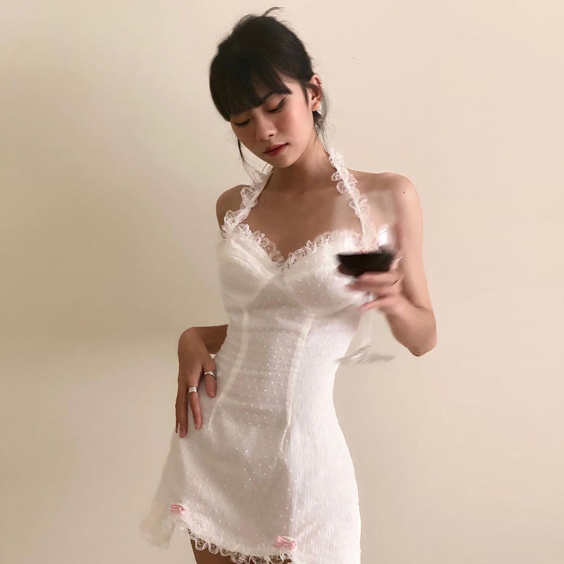 y2k Ruffles Bow Cute Sweet Sundress Fairycore Backless Party Beach Halter Zip Bodycon Mini Dress The Clothing Company Sydney