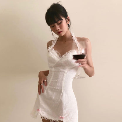 y2k Ruffles Bow Cute Sweet Sundress Fairycore Backless Party Beach Halter Zip Bodycon Mini Dress The Clothing Company Sydney