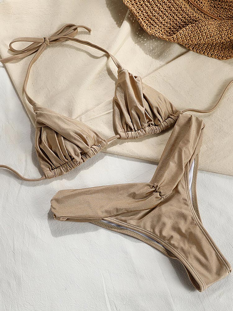 Pleated Bikinis Swimsuit Triangle Bikini Set Swimwear Halter Bathing Suits Bandage Beachwear The Clothing Company Sydney