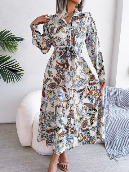 Spring Summer Retro Floral Collar Long Sleeve Tie Up Shirt Dress For Ladies Fashion All Match Print Dresses The Clothing Company Sydney