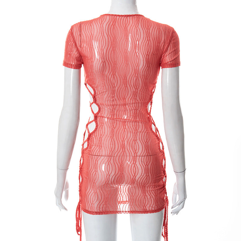Print Hollow Out Lace Up Mini O Neck Short Sleeve See Through Summer Fairy Grunge Dress The Clothing Company Sydney