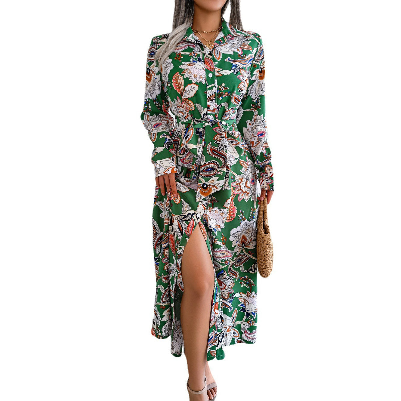 Spring Summer Retro Floral Collar Long Sleeve Tie Up Shirt Dress For Ladies Fashion All Match Print Dresses The Clothing Company Sydney