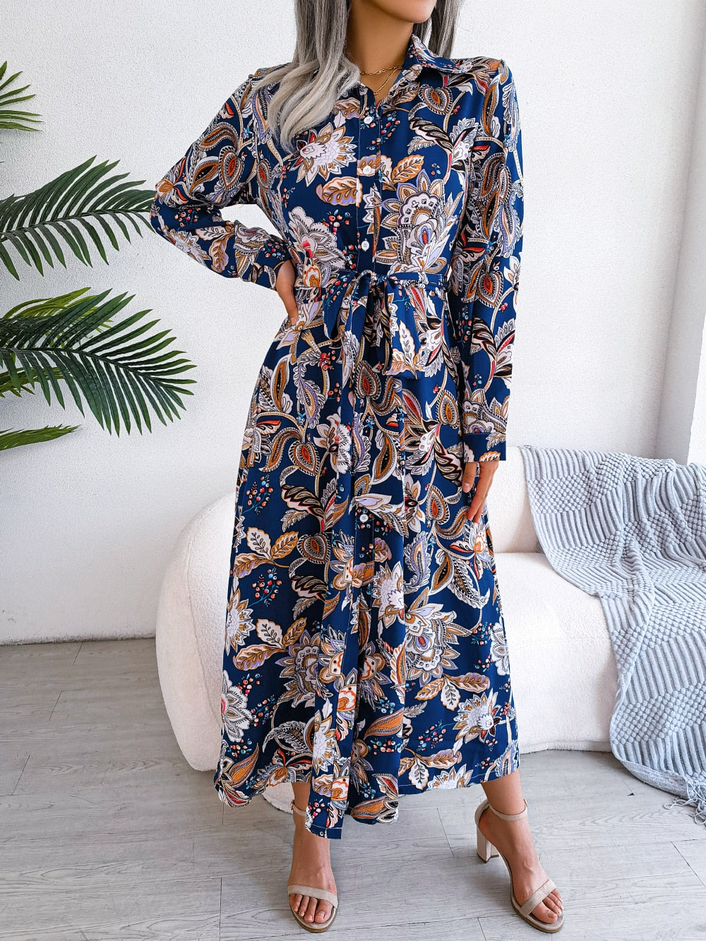 Spring Summer Retro Floral Collar Long Sleeve Tie Up Shirt Dress For Ladies Fashion All Match Print Dresses The Clothing Company Sydney