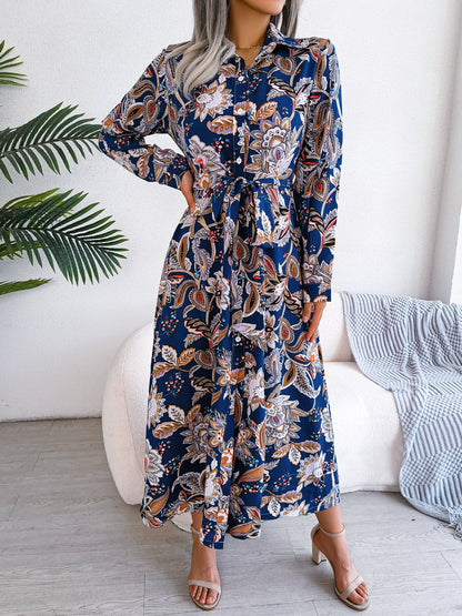Spring Summer Retro Floral Collar Long Sleeve Tie Up Shirt Dress For Ladies Fashion All Match Print Dresses The Clothing Company Sydney