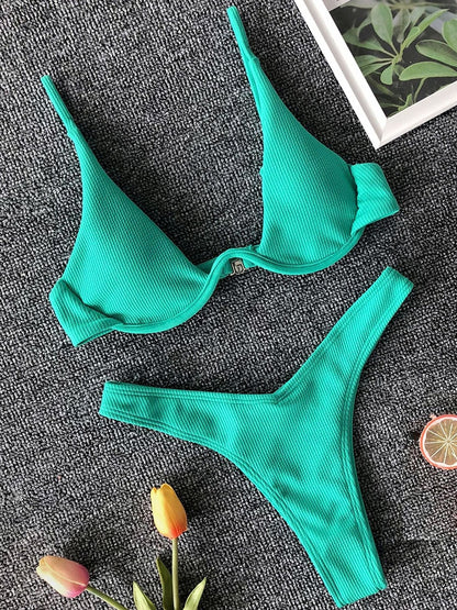 Neon V-bar Underwired Bikini Ribbed Swimsuit Women Thong Swimwear Two-pieces Bikini set Push up Bathing Suit The Clothing Company Sydney