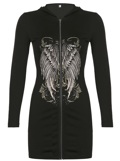 Gothic Grunge Fairycore Wings Printed Graphic Zipper Hooded Bodycon Dark Academia Autumn Mini Dresses Y2K Dress The Clothing Company Sydney