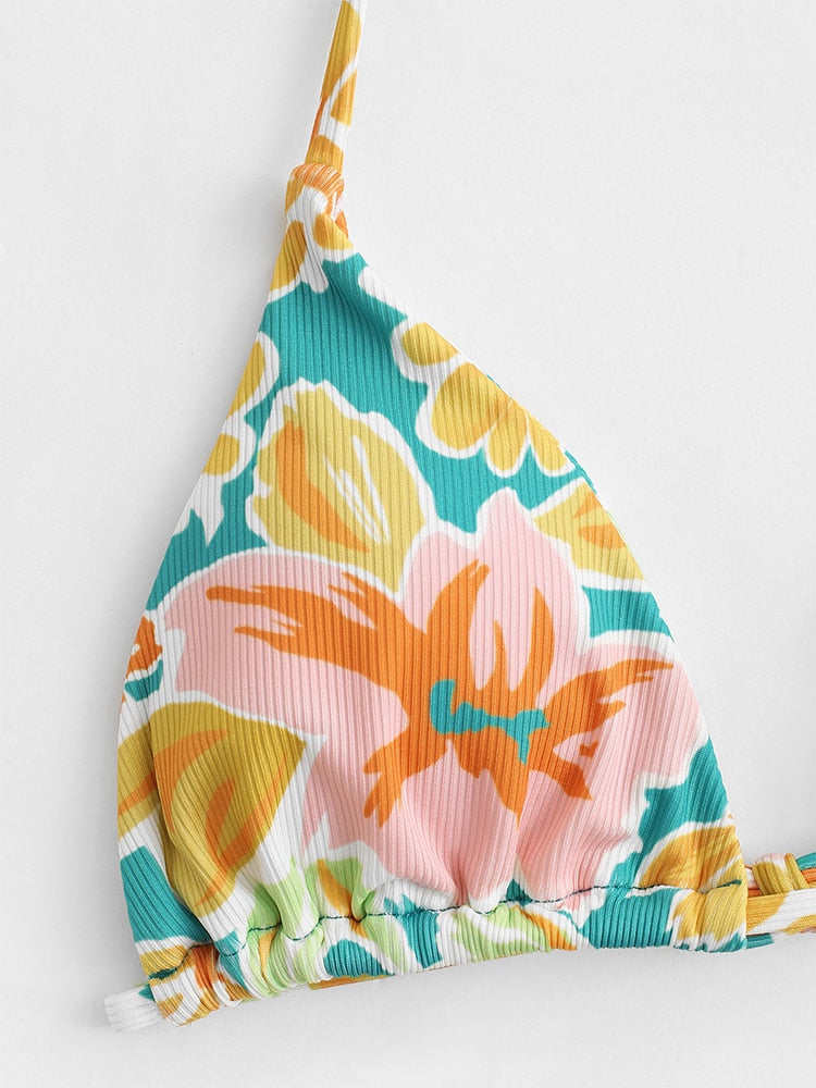 Ribbed Flower Print Tie Side Bikini Set Two-piece Swimwear Low Waisted Padded Bathingsuit The Clothing Company Sydney