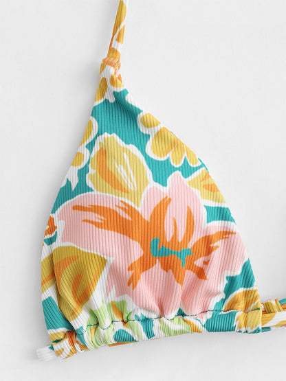 Ribbed Flower Print Tie Side Bikini Set Two-piece Swimwear Low Waisted Padded Bathingsuit The Clothing Company Sydney