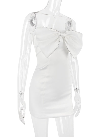 Satin Strapless White Bodycon Dress Mini Diamonds Bow Wedding Guest Night Party Dresses Summer Women's Dress The Clothing Company Sydney