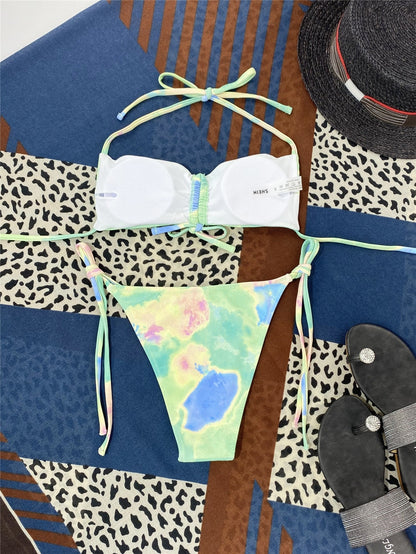 Tie Dye Drawstring Front Thong Bikini Swimsuit Two Piece Swimwear Bikini Set Summer Beach Bathing Suit The Clothing Company Sydney