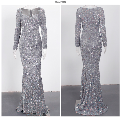 Luxury Long Sleeve Evening Gown Sequin Stretchy Velvet V Neck Mermaid Prom Floor Length Formal Cocktail Dress The Clothing Company Sydney