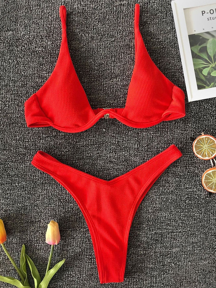 Neon V-bar Underwired Bikini Ribbed Swimsuit Women Thong Swimwear Two-pieces Bikini set Push up Bathing Suit The Clothing Company Sydney