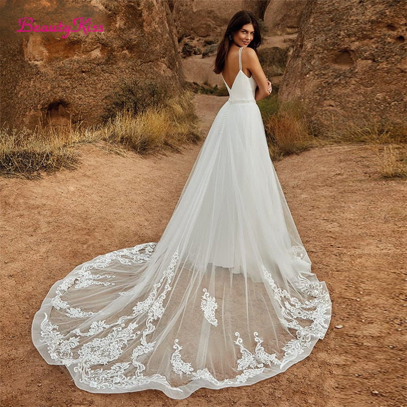 2 In 1 Wedding Jumpsuit With Detachable Skirt Two Piece Bridal Dresses Pants Suit Lace Tulle V-Neck Sweep Train Gowns The Clothing Company Sydney