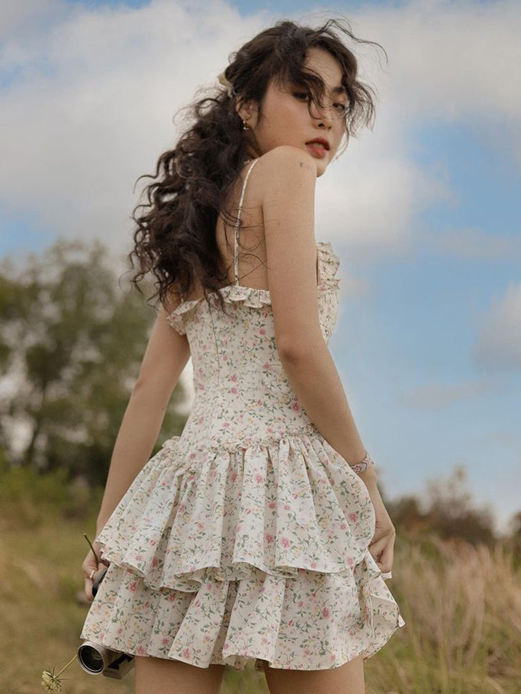 French Romantic Strap Floral Printing Summer Fashion Chic Ruffles Pleated Dress Mini Double Layer Dress The Clothing Company Sydney