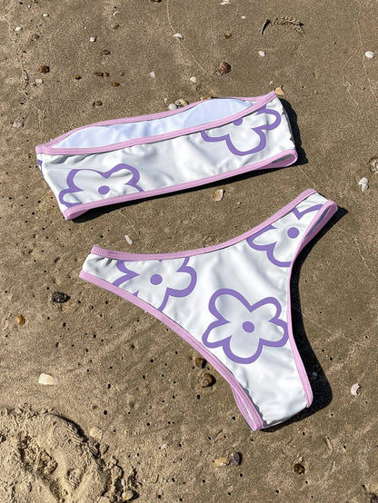 Floral Print Contrast Binding Bandeau Bikini Swimsuit Two Piece Swimwear Bikini Set Summer Beach Bathing Suit The Clothing Company Sydney