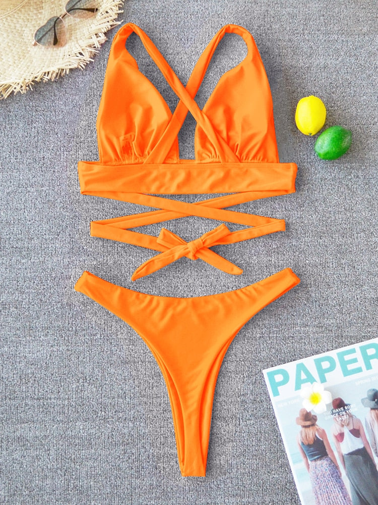 2 Piece Solid Swimsuit Swimwear Push Up Bikini Set Cross Bandage Bathing Suit Beach Wear Swimming Suit The Clothing Company Sydney