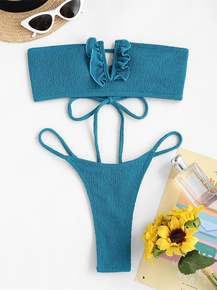 V-wired Ruffle Ribbed High Cut Bikini Swimwear High Cut Strapless Lace Up Removable Padded Women Bathing Suit The Clothing Company Sydney