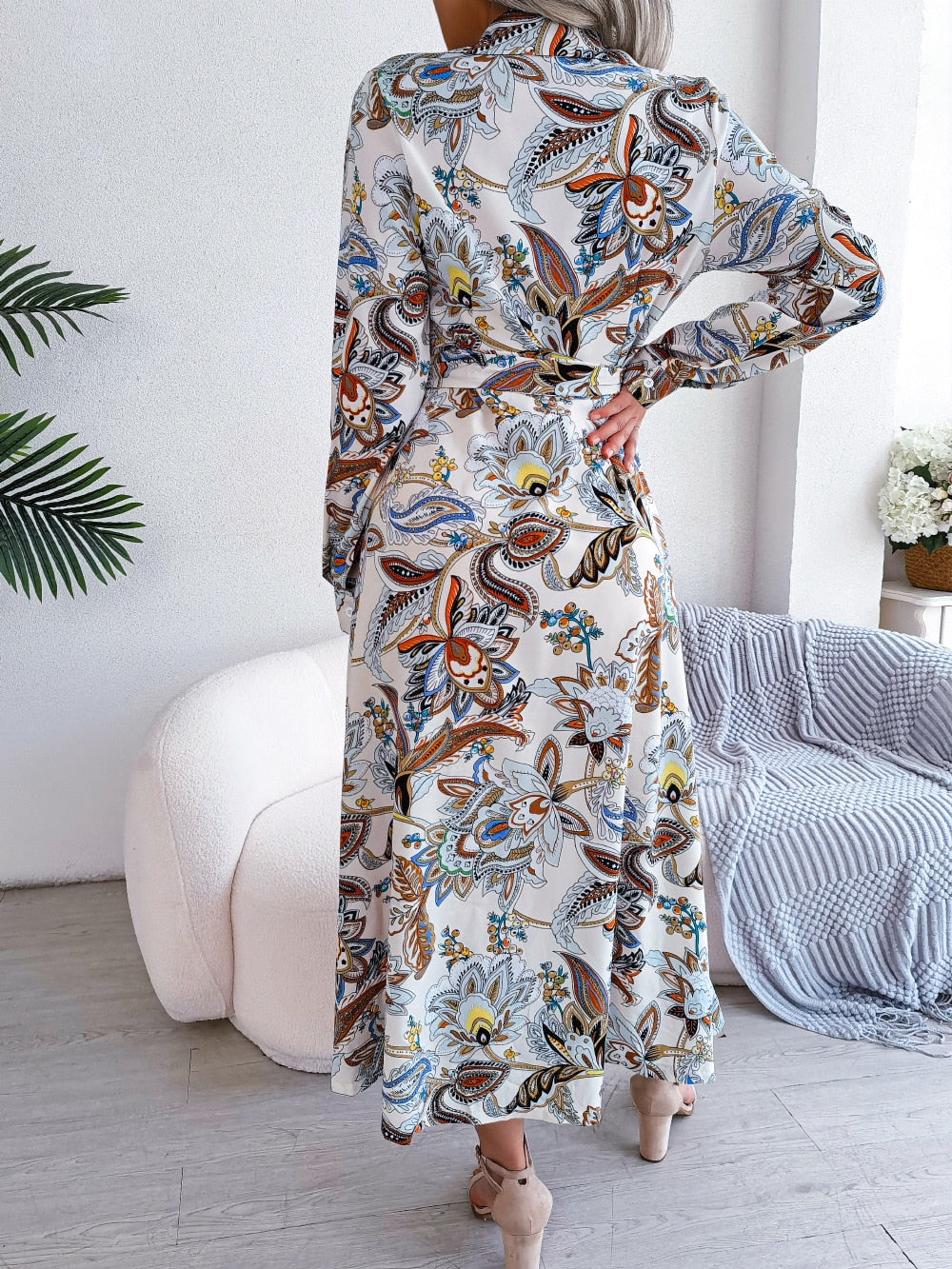 Spring Summer Retro Floral Collar Long Sleeve Tie Up Shirt Dress For Ladies Fashion All Match Print Dresses The Clothing Company Sydney