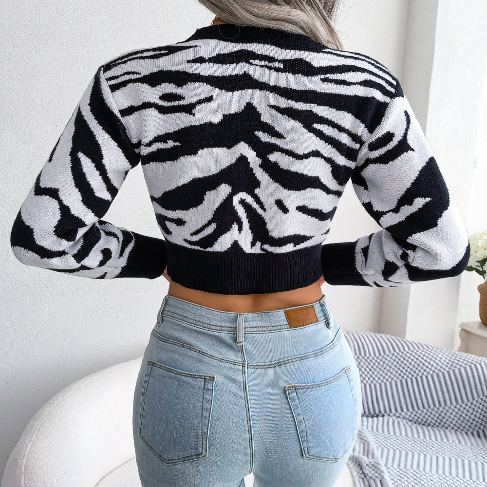 Autumn Winter Fashion Tiger Print Long Sleeve Crop Knit Sweater For Ladies O Neck Short Chic Tops The Clothing Company Sydney