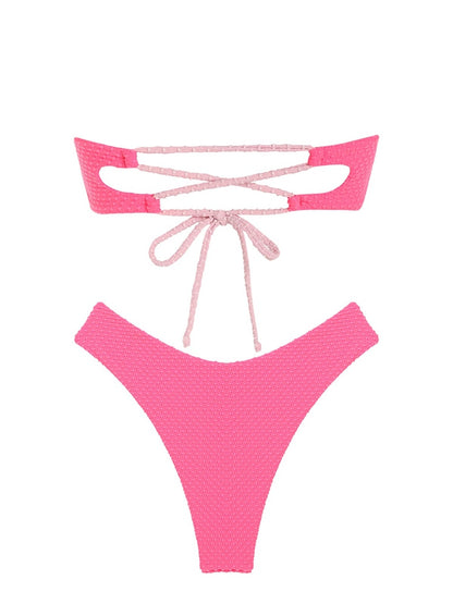 V-wired Ruffle Ribbed High Cut Bikini Swimwear High Cut Strapless Lace Up Removable Padded Women Bathing Suit The Clothing Company Sydney