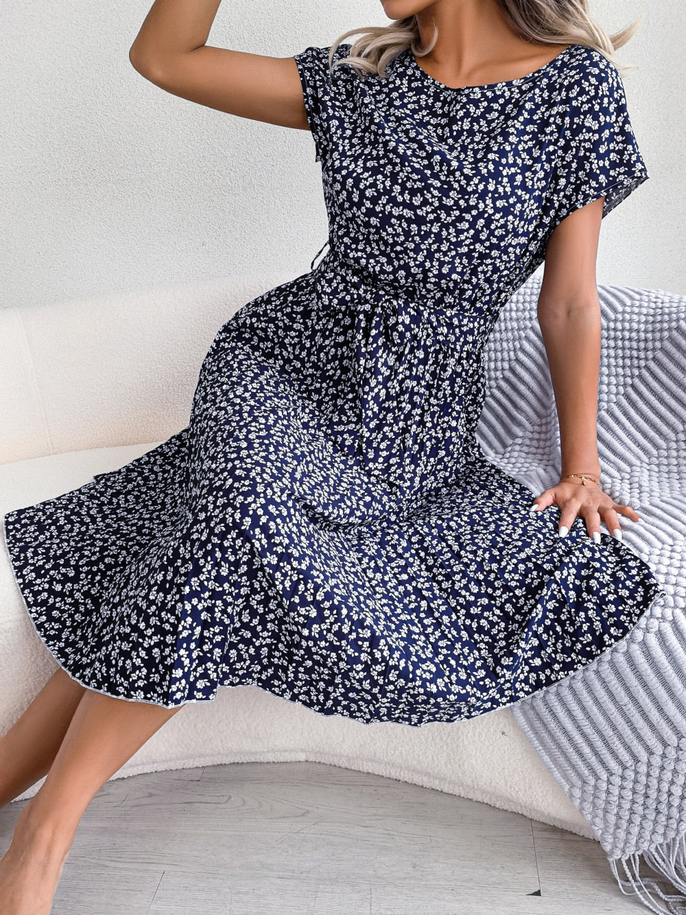 Floral Pleated A Line Long Dress Spring Summer Short Sleeve High Waist Chic Dress The Clothing Company Sydney