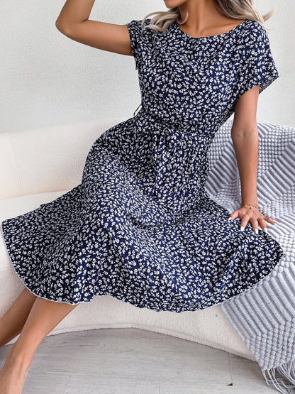 Floral Pleated A Line Long Dress Spring Summer Short Sleeve High Waist Chic Dress The Clothing Company Sydney