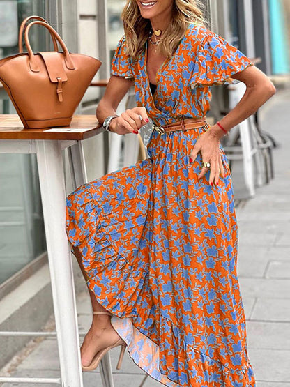 Bohemian Printed V-Neck High Waist Summer Elegant Ruffle Butterfly Sleeve Trumpet / Mermaid Maxi Dress The Clothing Company Sydney