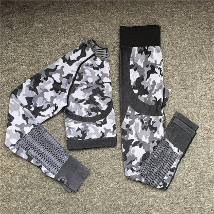 2PCS Camouflage Set Women Yoga Suit Sport Set Gym Workout Clothes Long Sleeve Fitness Crop Top High Waist Seamless Camo Leggings The Clothing Company Sydney