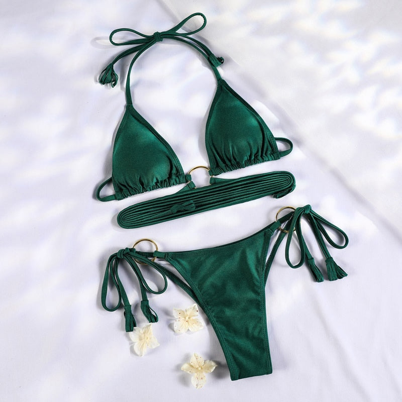 String Swimsuit Triangle Cup Type Bathing Suit Swimwear High Cut Drawstring Bandage Bikini Set The Clothing Company Sydney