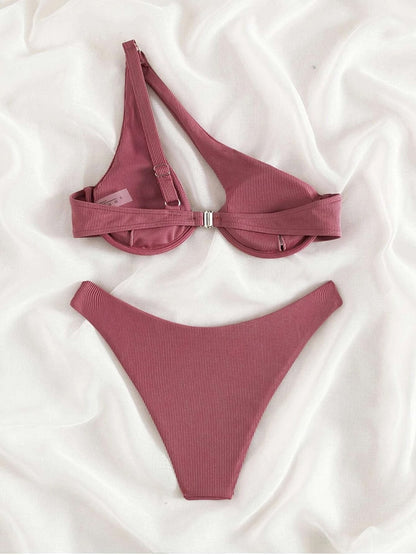 2 Piece Ribbed Bikini One Shoulder Swimwear Swimsuit Push Up Bikini Set High Cut Bathing Suit Brazilian Bikini Set The Clothing Company Sydney