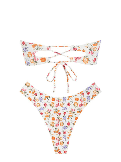 V-wired Ruffle Ribbed High Cut Bikini Swimwear High Cut Strapless Lace Up Removable Padded Women Bathing Suit The Clothing Company Sydney