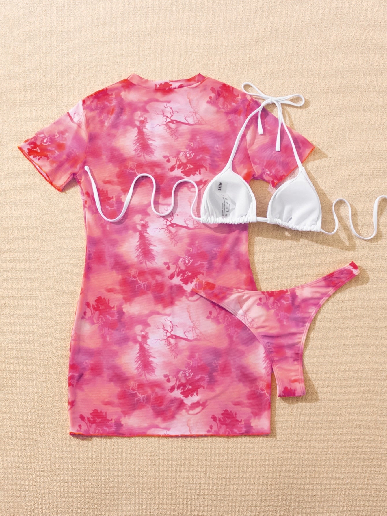 Slit Cuff Plunge Neck Three Piece Bikini Set with Cover Up Plain Swimsuit Women Swimwear Summer Beach Bathing Suit The Clothing Company Sydney