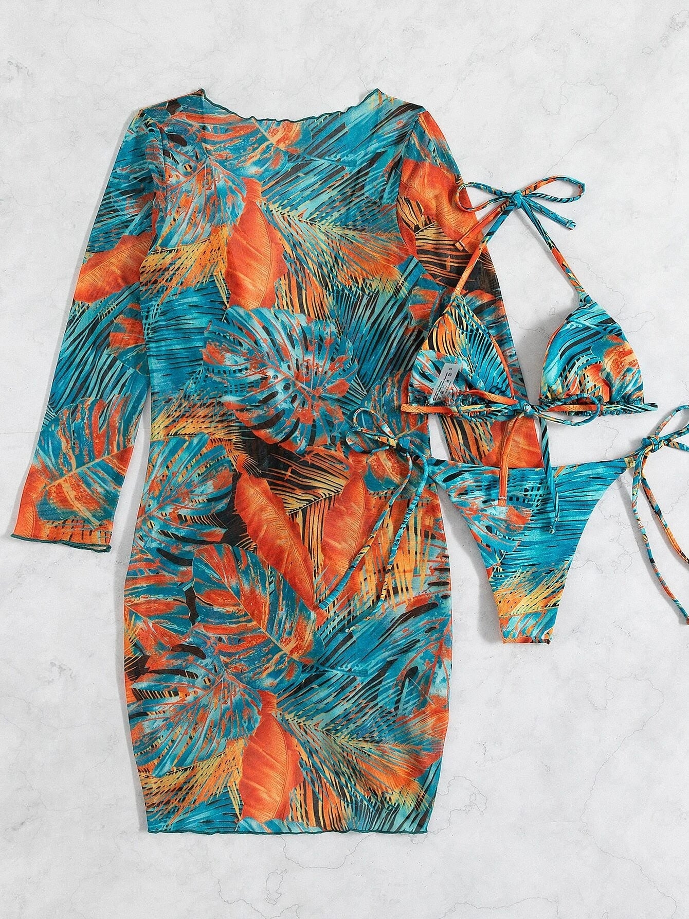 Slit Cuff Plunge Neck Three Piece Bikini Set with Cover Up Plain Swimsuit Women Swimwear Summer Beach Bathing Suit The Clothing Company Sydney