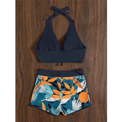 2 Piece Swimsuit Bikini Top Split High Waist  Lace Print Solid Color Halter Deep V-neck Backless Push Up Bikini Set The Clothing Company Sydney