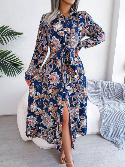 Spring Summer Retro Floral Collar Long Sleeve Tie Up Shirt Dress For Ladies Fashion All Match Print Dresses The Clothing Company Sydney
